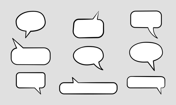 Collection of nine hand-drawn speech bubble shapes for dialogue and communication in chat messages.