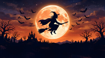Fototapeta premium Witch riding a broomstick flies across a massive glowing full moon against dark spooky night sky filled with clouds and bats