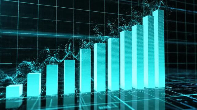 Blue 3D digital bar chart on dark grid background