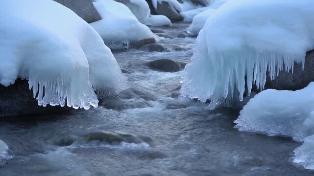 凍った岩の間を流れる水 シームレスループ動画背景 16:9 4K
