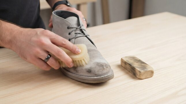 Man cleaning suede shoe with brush on wooden table