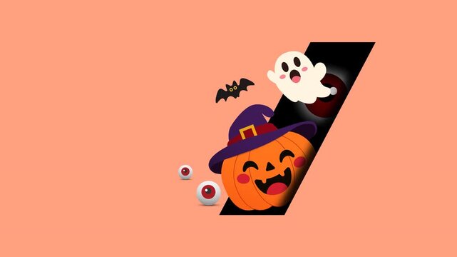 Animated Halloween illustration with pumpkin, witch hat, ghost, bat, eyeballs, and spooky geometric design