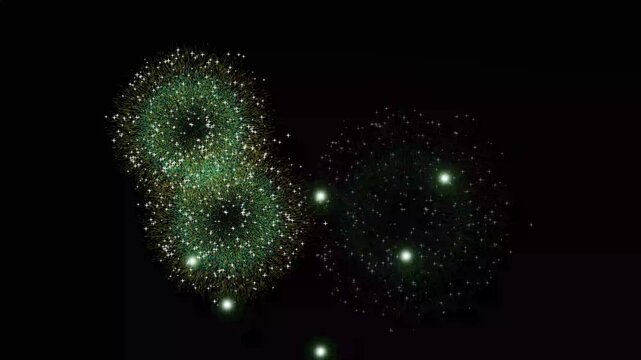Colorful Firework black screen 4k video, light spheres rising slowly against. Happy new year concept. Circle bursting, flat, vector, doodle style random explosion.
