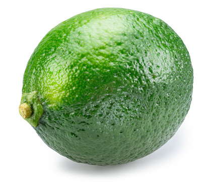 A single ripe green whole lime fruit with a textured skin, isolated on a white background. Clipping Path.