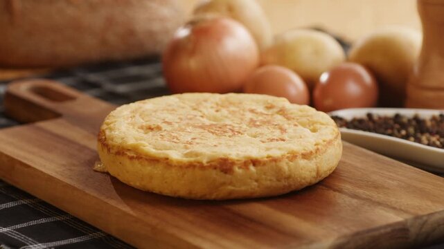 Spanish omelette tortilla, traditional potato and egg omelette sliced on wooden board, classic Spanish breakfast close up in cafe