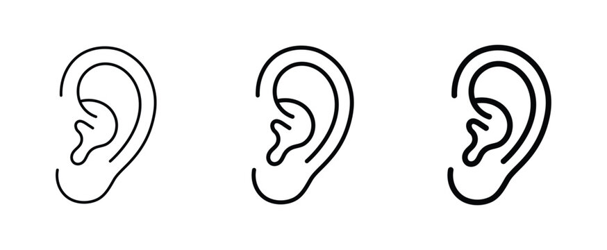A detailed set of three black and white line drawings depicting the human ear showcasing variations in shape