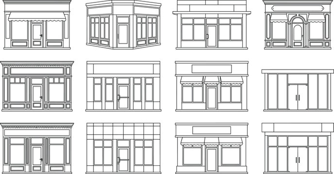 Set of line art store and shop facade vector illustration isolated on white background