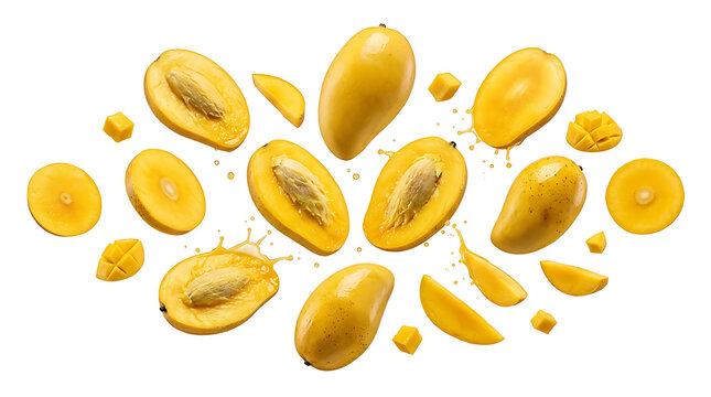 Array of fresh yellow mango pieces, some sliced and some whole, with scattered mango chunks and seeds on a white background
