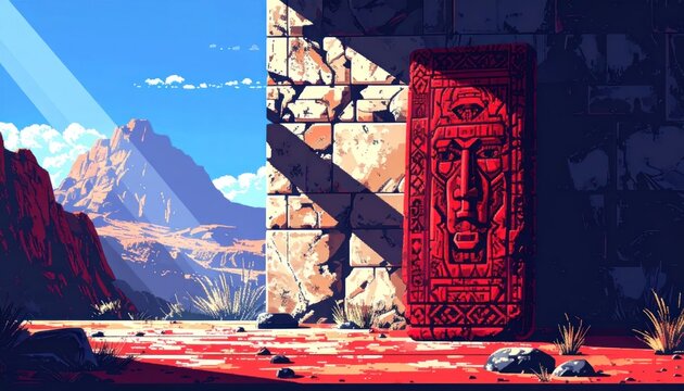 Stylized pixel art of ancient monolith in desert landscape.