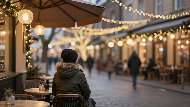 A lone person sits at an outdoor cafe table, sipping warm drink under glowing string lights during a cozy winter evening stroll.