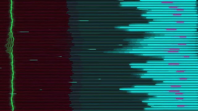 Abstract digital glitch art background with bright green wave lines and blue data stream effects
