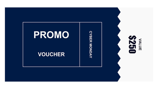 Blue and white cyber monday promo voucher with two hundred and fifty dollar value design template for online shopping event transparent background