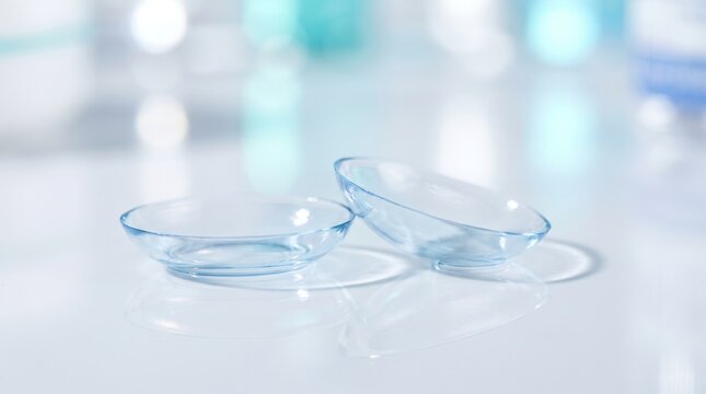 Two clear contact lenses resting on a clean white surface with soft blue bokeh background