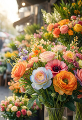 Obraz premium Floral design and spring celebration, colorful ranunculus bouquet in glass vase at outdoor flower market with soft morning sunlight and blurred background