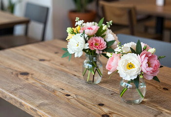 Obraz premium Hospitality and interior design, fresh flower bouquets in glass vases on a rustic wooden table in a cafe setting for restaurant decor and ambiance