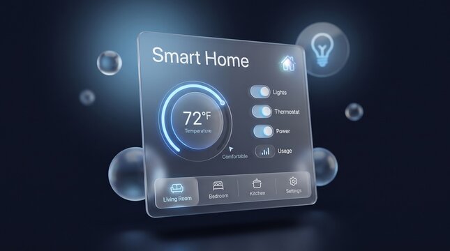 Modern smart home app UI dashboard mockup with glassmorphism effect and floating 3d icons