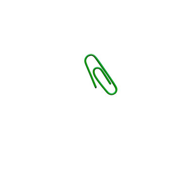 Single green paper clip isolated on white background