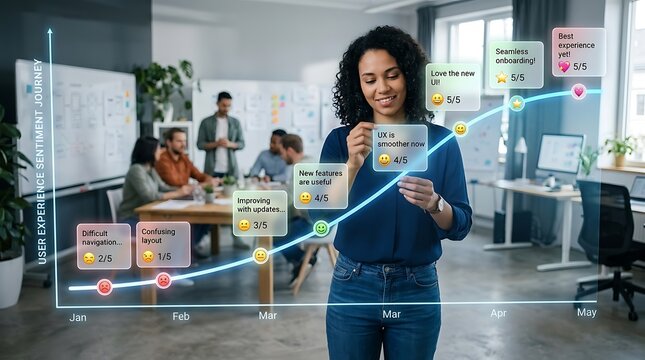 Woman analyzes user experience data on a futuristic graph in an office setting. Business concept for feedback and improvement.