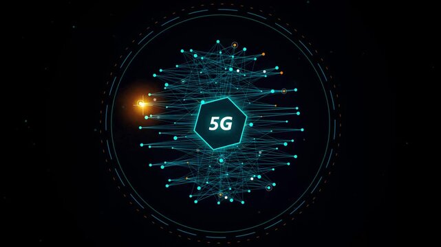 Abstract 5g technology network connection concept with digital glowing lines and dots on dark background