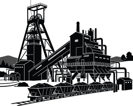 Coal Mining Industry Complex with Headframe Conveyor System Rail Wagons and Industrial Processing Plant Vector Illustration