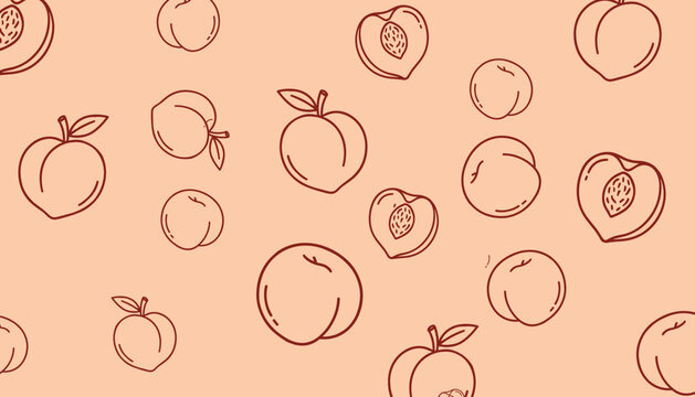 Seamless pattern with whole and sliced peaches featuring leaves and pits line art vector on pastel background