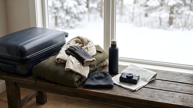 Packed travel gear including hard suitcase, warm knit sweater, camera, winter hat, and thermoses organized neatly on a rustic bench by a snowy window