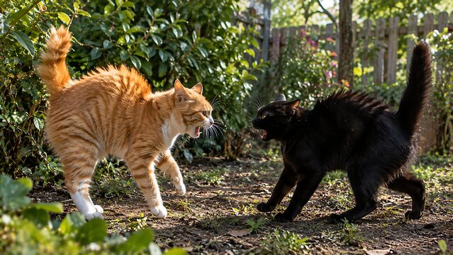 Two Cats Confronting Each Other in a Sunny Garden