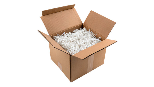 Open cardboard box with white protective styrofoam peanuts packing material inside over transparent background