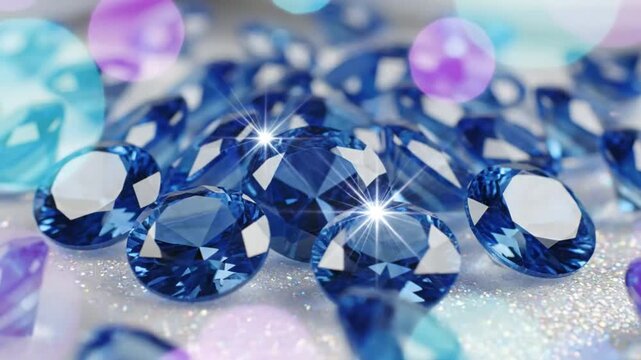 Sparkling blue gemstones arranged on a reflective surface with soft focus bokeh lights in the background