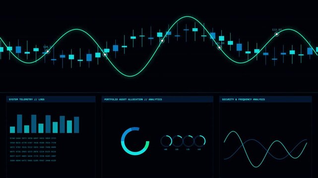 Digital financial stock market dashboard with blue candlestick charts and wave graphs on black