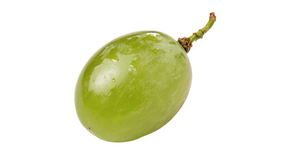 Obraz premium Single ripe green grape with small wooden stem isolated on dark transparent background
