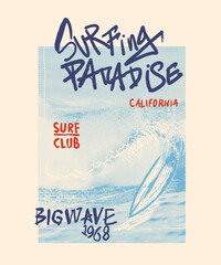 Fototapeta premium Surfing Paradise Beach Illustration with Graffiti typography. hand made font. vintage abstract graphics artwork. summer tropical print design. 