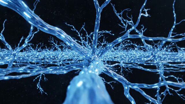 Abstract blue crystalline neurons connecting in dark space