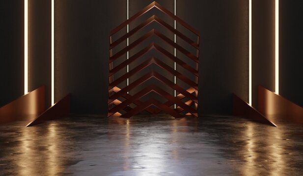 Modern technology stage, neon lighting, showroom, 3D illustration.