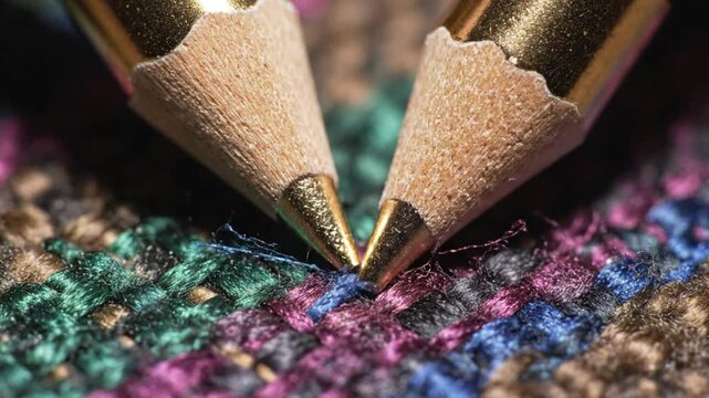 Extreme close-up view of two pencils pointing at a detailed colorful textured fabric surface for design concept.