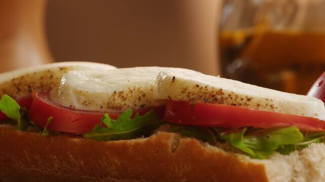 Sandwich with tomato and mozzarella, Italian style caprese baguette with fresh arugula, vegetarian bocadillo close up for cafe breakfast menu