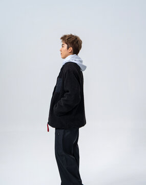 Men's Black Hooded Jacket Multi-angle Full Set Studio Shots