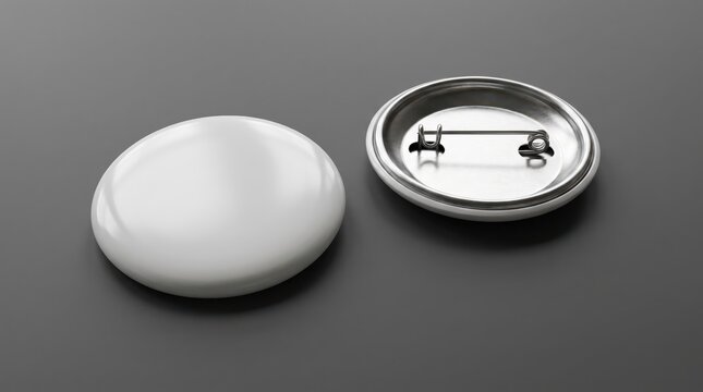 Blank round pin button badge mockup front and back view on dark surface