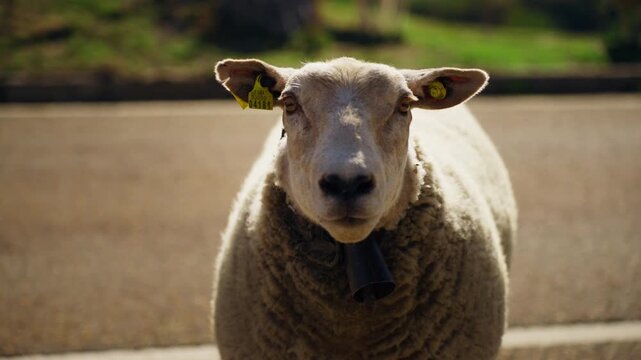 Close-up portrait of fluffy domestic sheep  looking directly into the camera, show thick wool, identification ear tags, bell with focus on livestock farming, animal husbandry, rural agriculture.