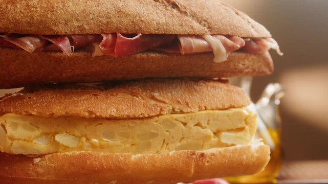 Sandwich with jamon serrano and iberico, Spanish cured ham bocadillo in crusty baguette, traditional prosciutto ham sandwich close up for breakfast in cafe
