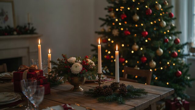 A warm, inviting rustic Christmas dinner table setting lit softly by candlelight with a beautifully decorated tree in the background, created with generative AI. 