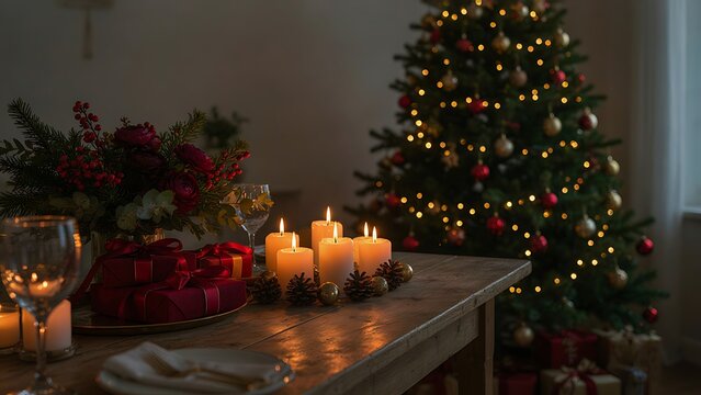 An enchanting Christmas dining experience featuring a detailed table centerpiece with ranunculus flowers and berries surrounded by glowing pillar candles, created with generative AI. 