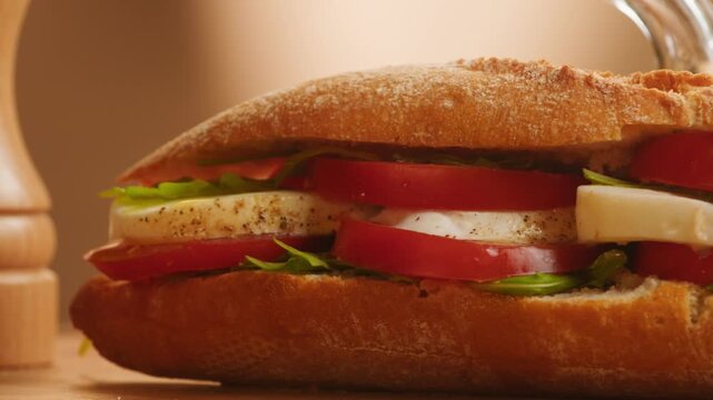 Sandwich with tomato and mozzarella, Italian style caprese baguette with fresh arugula, vegetarian bocadillo close up for cafe breakfast menu