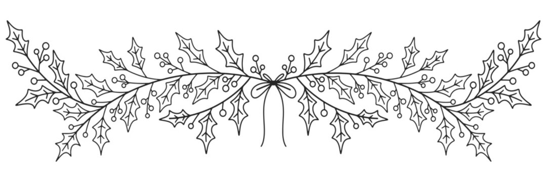 Christmas botanical border features a row of red berries and leaves on a delicate branch. Vector eps