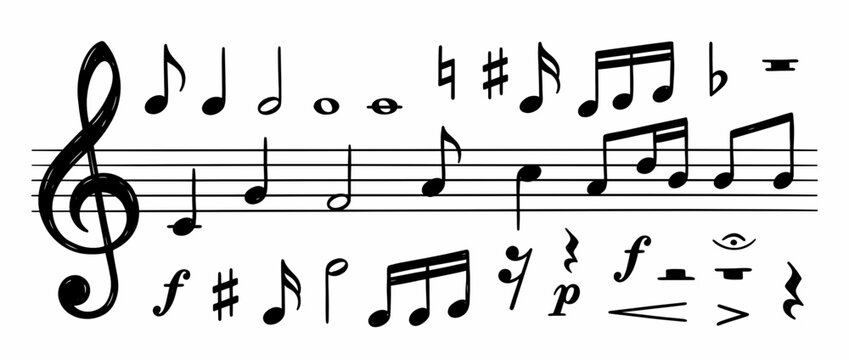 Musical notes and symbols sheet music design. Traditional notation icons for music composition. Quarter, eighth, half, whole notes, sharps, flats, rests, clefs. Vector illustration.