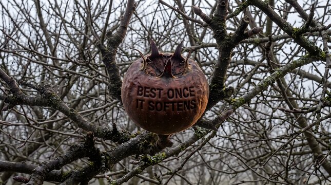 Ripe medlar fruit inscribed with text hanging on bare tree branches in winter orchard during bletting process