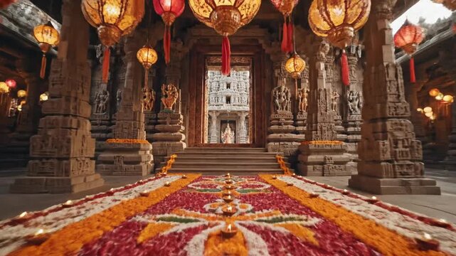 Lanterns and oil lamps in an ornate Indian temple courtyard