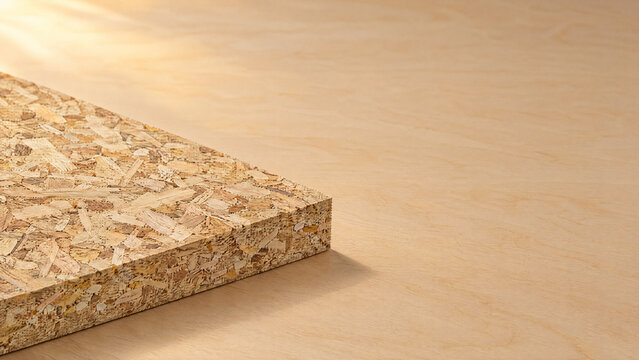 Particle board sheet close up on wood surface texture  