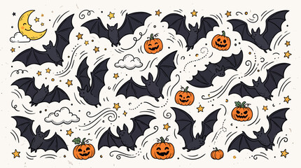 Fototapeta premium Halloween bat and pumpkin doodle collection for festive seasonal design