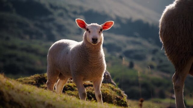 Curious lamb standing on a green mountain pasture in a beautiful backlight with its ears glowing red while looking at the camera next to its mother in the countryside